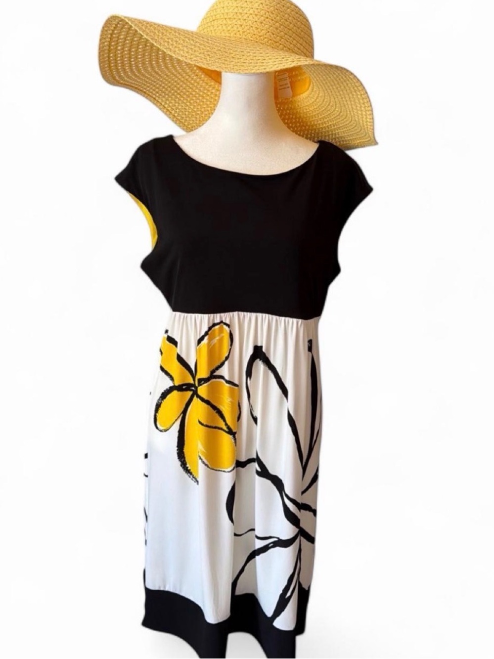Women’s summer midi dress by B Calm. Black , white and yellow floral. Size 12.